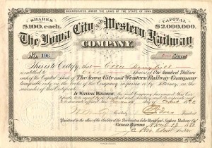 Iowa City and Western Railway Co. - Stock Certificate